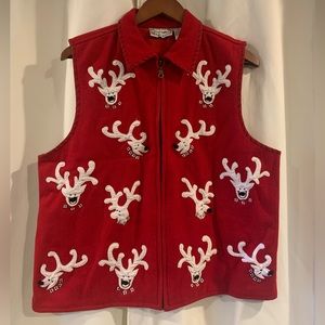 Life Style Women's XL‎ Red Christmas Vest Reindeer Appliques Full Zip Wool